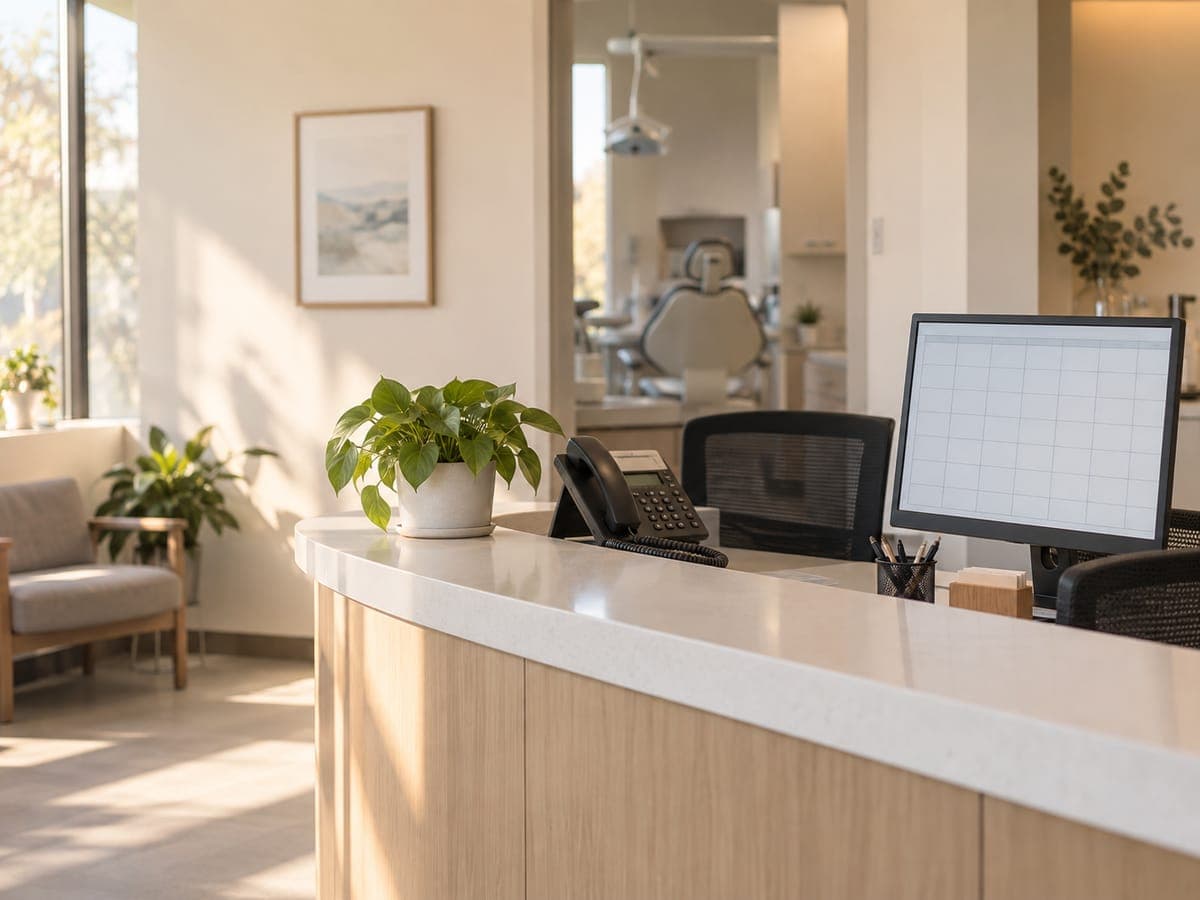 Empty dental reception desk with a phone and scheduling monitor