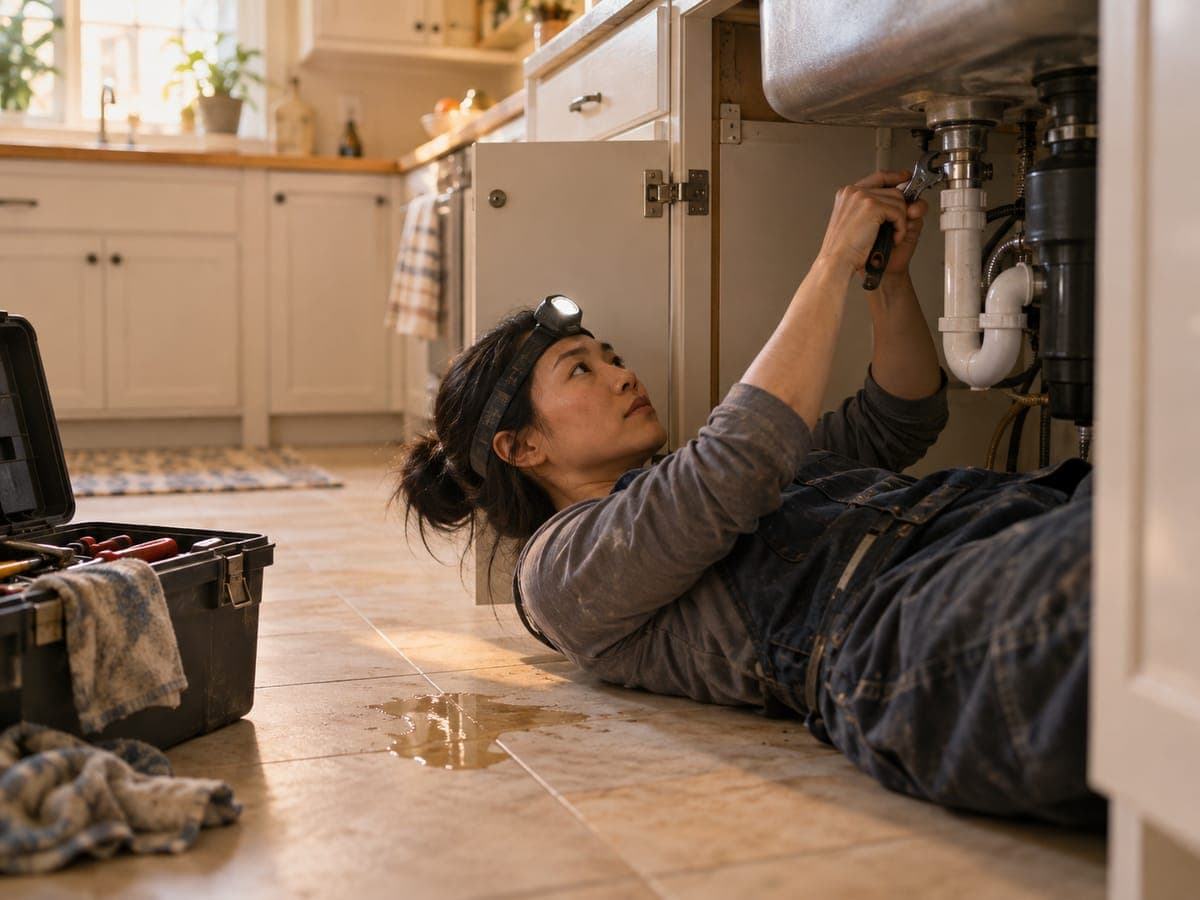 Plumber working under a sink